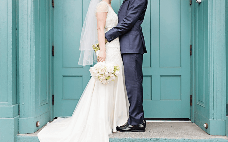 Bridge and groom embracing
